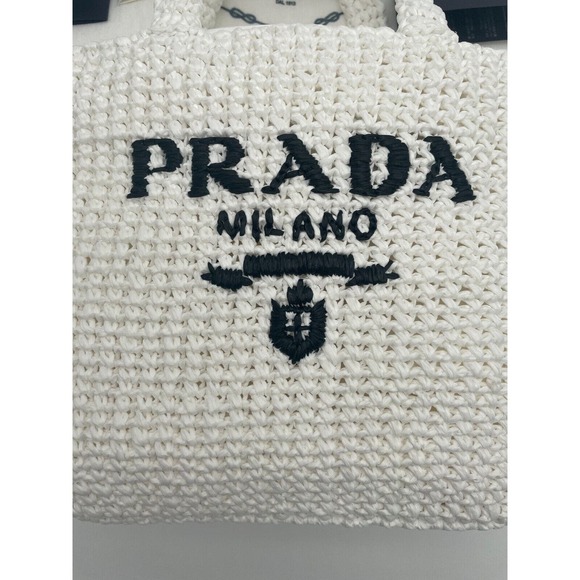 BRAND NEW PRADA RAFFIA CROCHET SMALL VACATION WHITE TOTE BAG AUTHENTIC! - Picture 6 of 14
